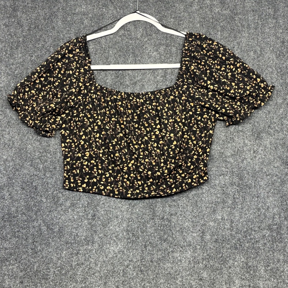 Paper‎ Crane Ditsy Floral Peasant Crop Top L Black Puff Sleeve Cottage Boho